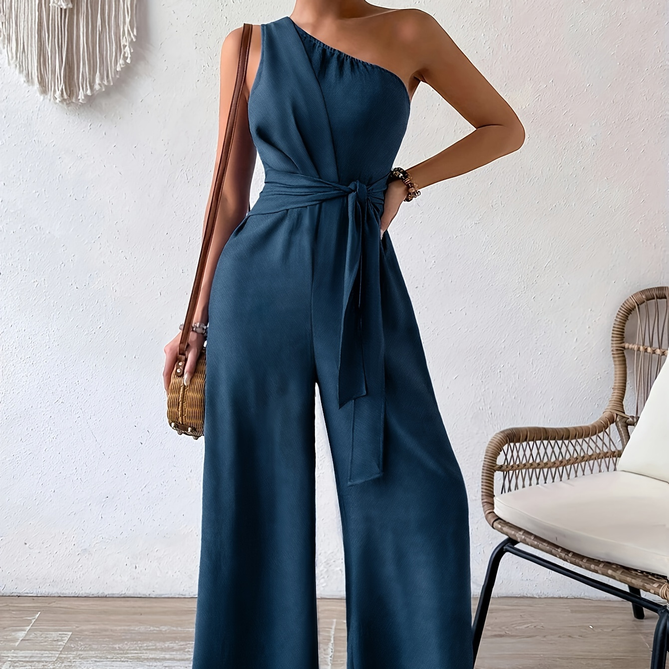 

1 Shoulder Plain Belted Jumpsuit, Casual Sleeveless Wide Leg Jumpsuit For Spring & Summer, Women's Clothing