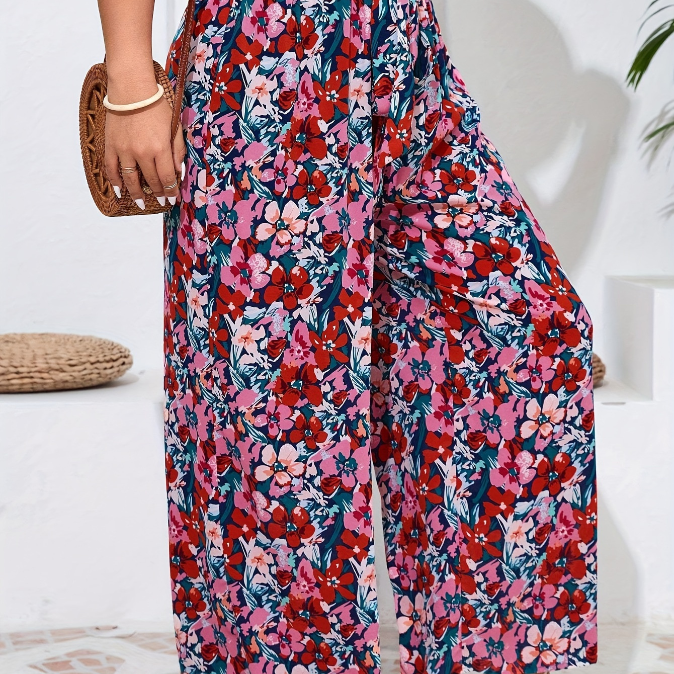 

Pantalon large à imprimé floral grande taille, pantalon décontracté à ceinture élastique à la taille pour le printemps et l'automne, vêtements grande taille pour femmes