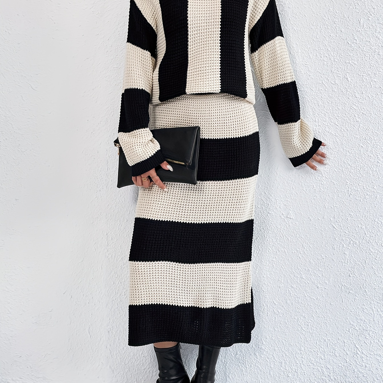 

Stripe Pattern Knitted Two-piece Skirt Set, Crew Neck Long Sleeve Sweater & Midi Skirt Outfits, Women's Clothing