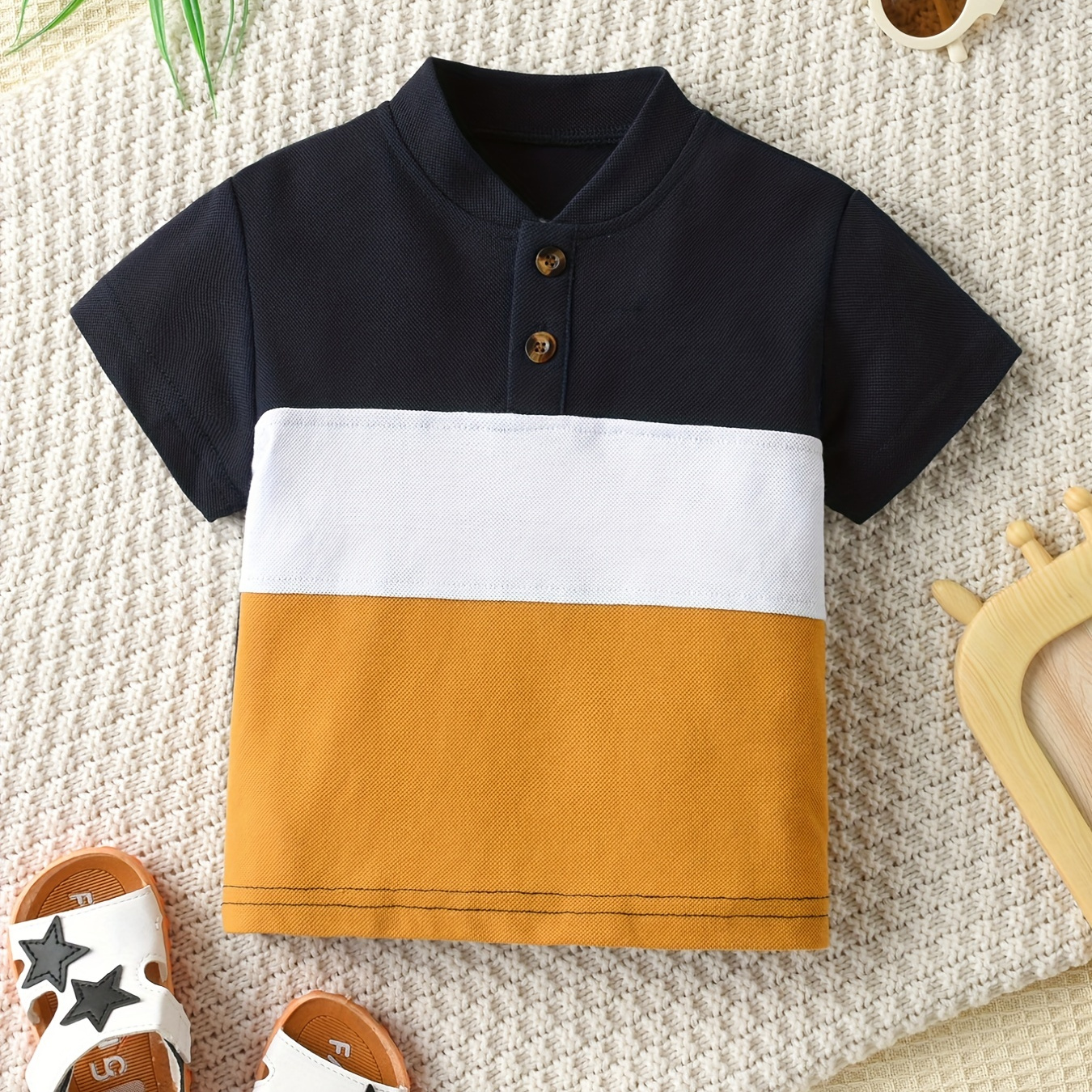 

Boys Color Block Shirt Short Sleeves Stand Collar Button Summer Kids Clothes