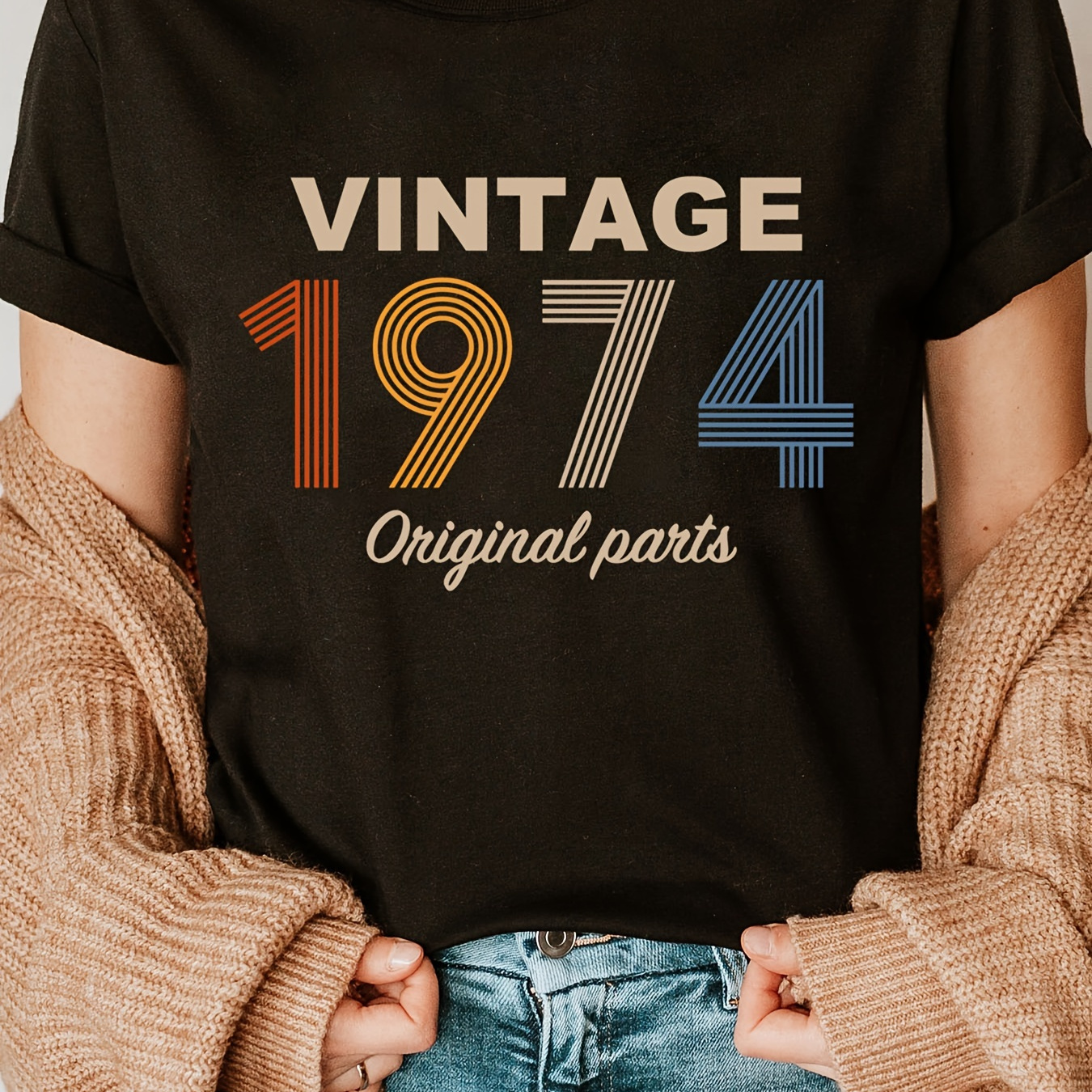 

Vintage 1974 Print Crew Neck T-shirt, Short Sleeve Casual Top For Summer & Spring, Women's Clothing