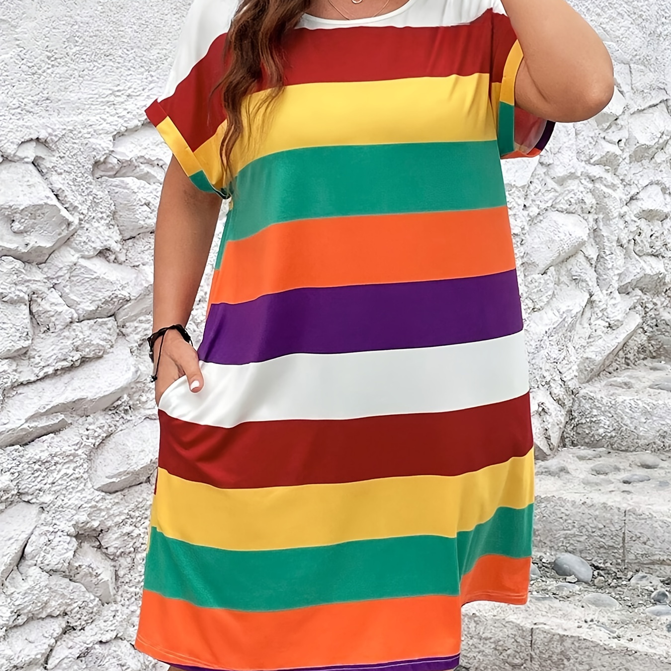 

Plus Size Colorful Stripe Print Pocket Tee Dress, Casual Batwing Sleeve Crew Neck Knee Length Dress For Spring & Summer, Women's Plus Size Clothing