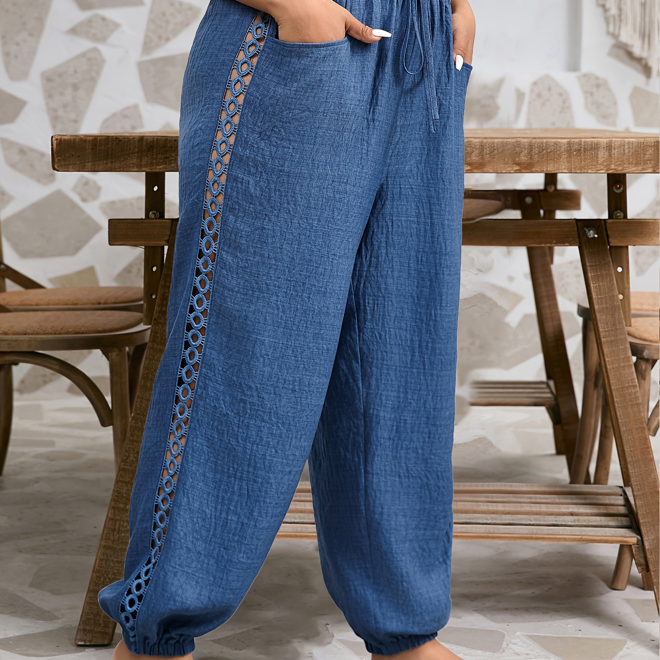 

Women's Plus Size Tapered Pants - Casual Solid Color Polyester Wrinkle Detail Floral Trim - Waist Flared Trousers For All