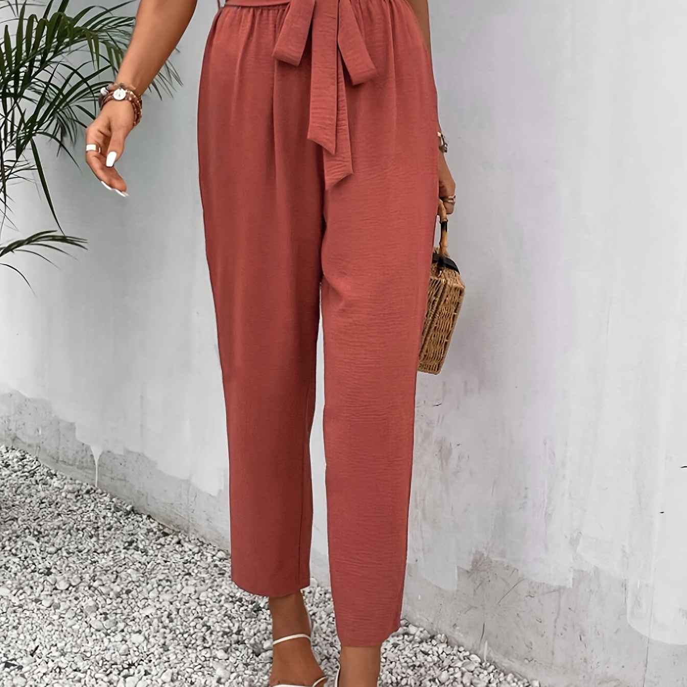 

Solid Paper Bag Waist Pants, Elegant Belted Tapered Pants For Spring & Fall, Women's Clothing