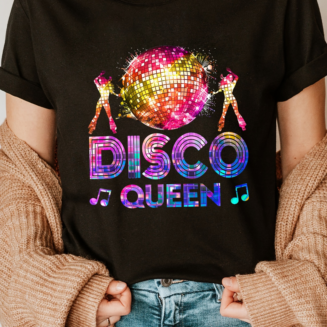 

Disco Queen Print Crew Neck T-shirt, Casual Short Sleeve T-shirt For Spring & Summer, Women's Clothing