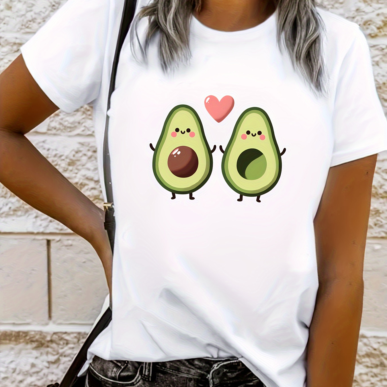 

Cartoon Avocado Print T-shirt, Short Sleeve Crew Neck Casual Top For Summer & Spring, Women's Clothing
