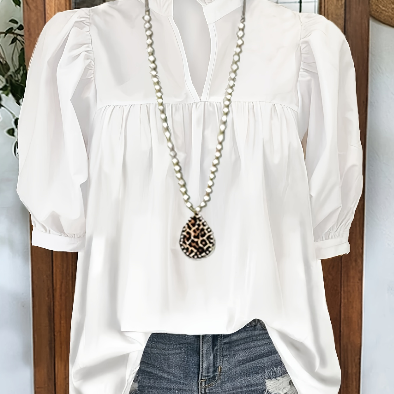 

Women' Casual Solid Color Ruffle V-neck Puff Sleeve Short Sleeve Shirt, Polyester, Autumn/winter, Adult, Woven Fabric