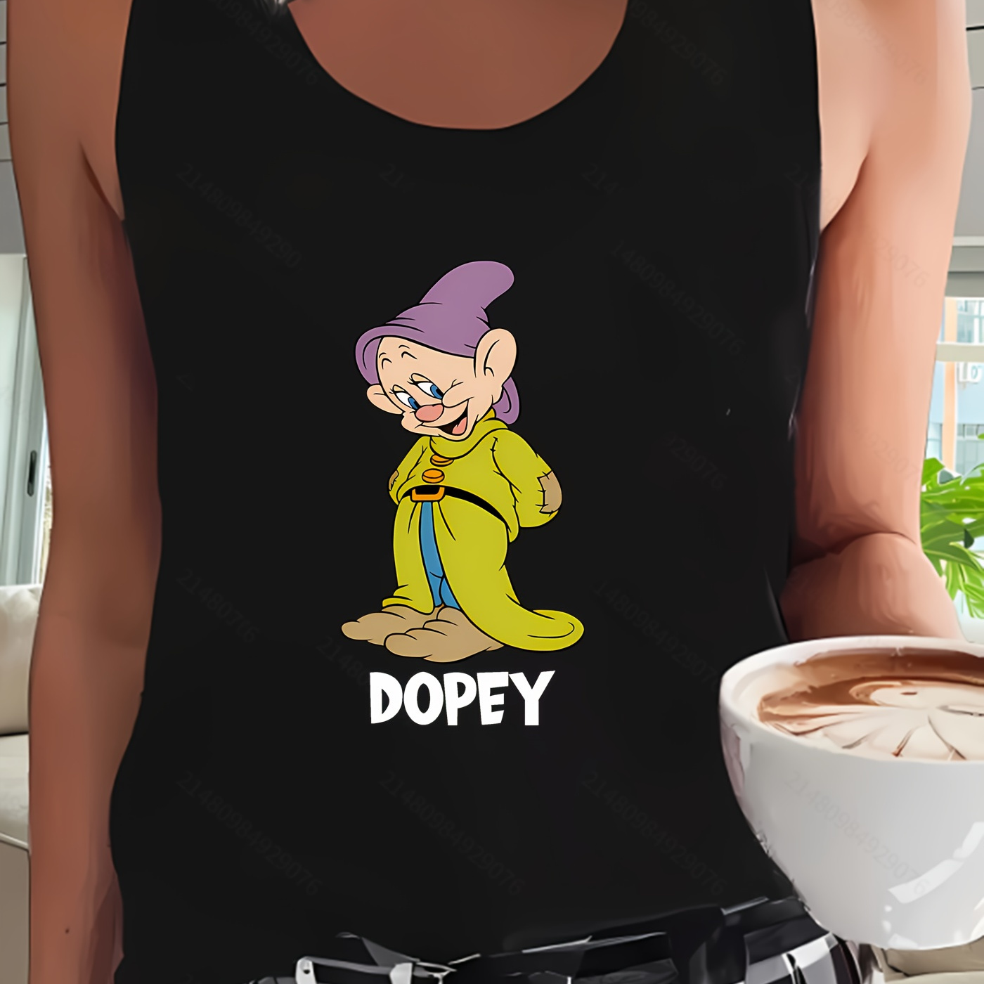 

Style | Débardeur Imprimé de Dessin pour Femme, "Dopey", Col Rond Décontracté, Gilet Manches, Polyester 95% Spandex 5%, Tissu Tricoté, Vêtement Tendance Toutes , Débardeurs Amusants