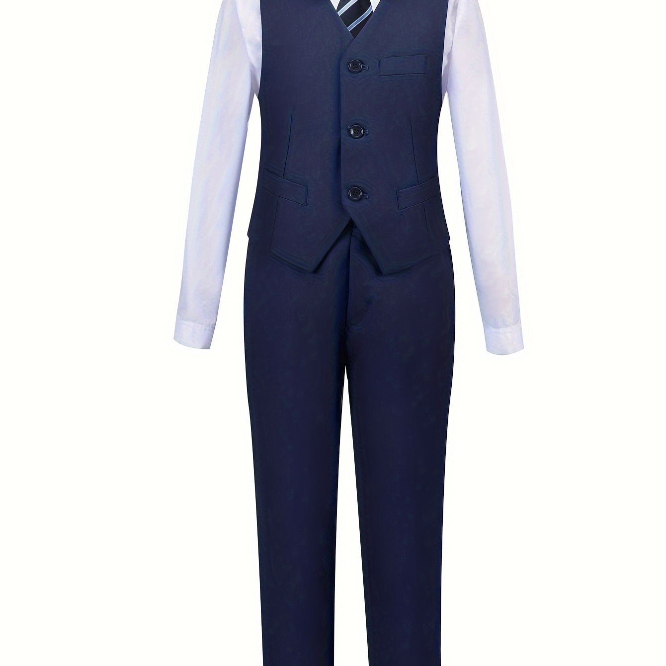 

Boy's Navy Blue Vest 4 Piece Set, Vest Shirt Pants, Navy Blue Striped Tie