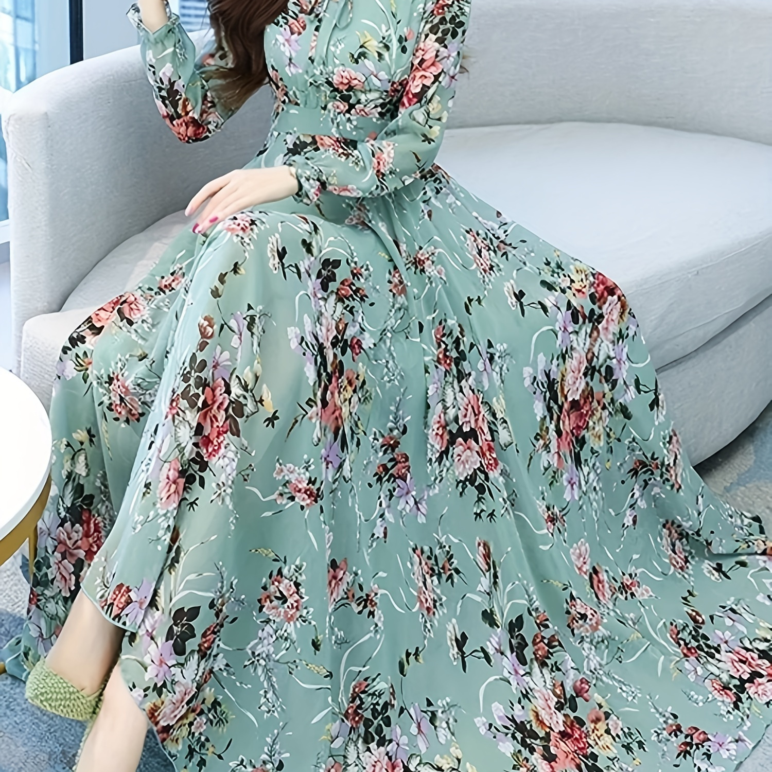 

Elegant Floral Maxi Dress For Women - Vintage Long Sleeve, Bohemian Beach Party Gown With V-neck, Non-sheer Polyester