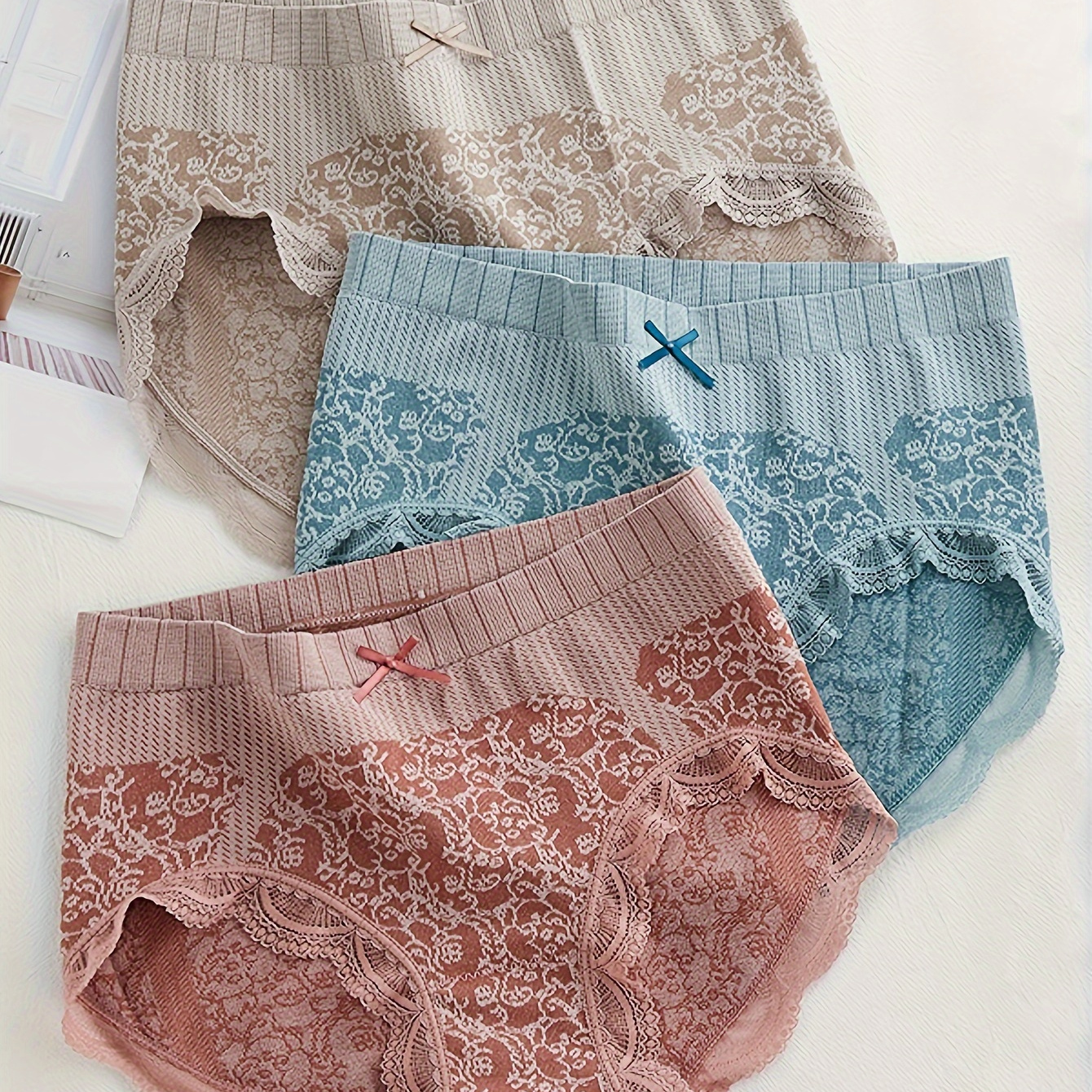 

3pcs Colorblock Floral Print Lace Trim Bow Briefs, Comfy Breathable Stretchy Intimates Panties, Women's Lingerie & Underwear