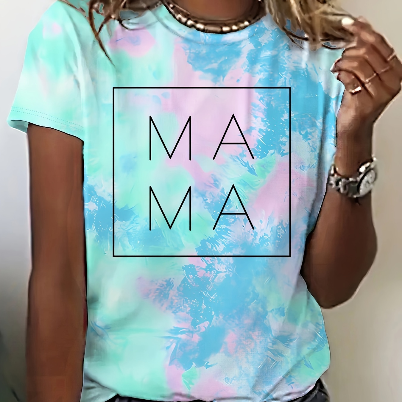 

Mama Print Crew Neck T-shirt, Casual Short Sleeve Top For Spring & Summer, Women's Clothing