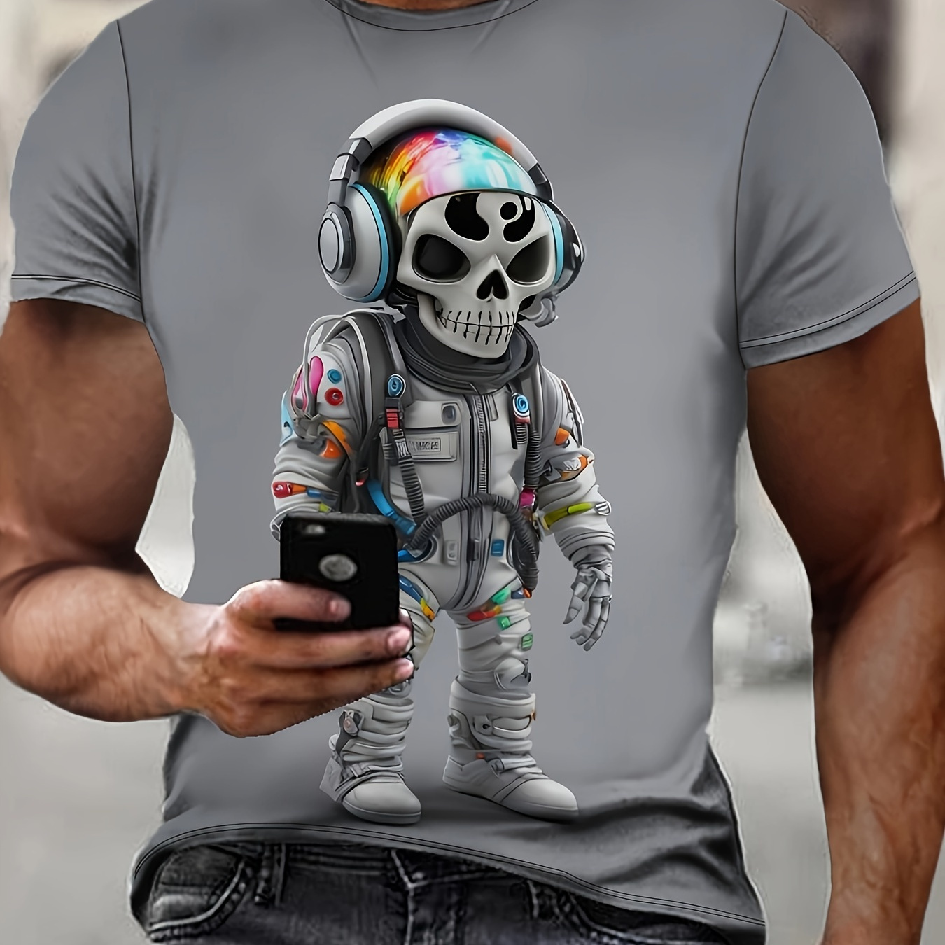 

T-shirt Imprimé Squelette Pour Homme, Tee-shirt Décontracté À Manches Courtes Col Rond, Vêtements Pour Homme Pour L'extérieur