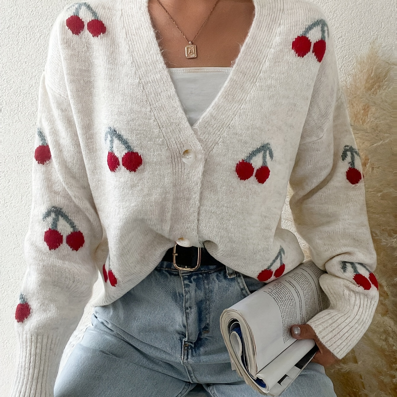 

Chic Cherry Pattern Knit Cardigan For Women - Casual Open Front, Long Sleeve, Machine Washable - Spring & Fall