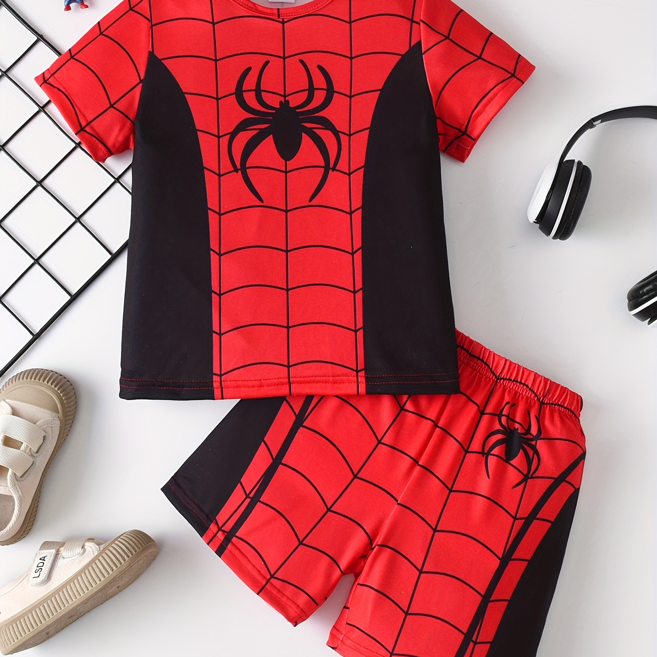 

Boys 2pcs Fashion Spider Pattern Print Summer Loungewear Set, Short Sleeve Crew Neck Top & Short Set, Cool Pattern Comfy Pj Set, Kids' Cozy Sleepwear Outfit