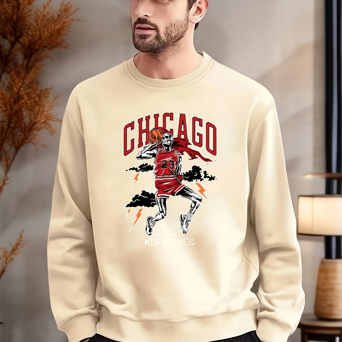 

Stylish Basketball Man Drawing Pattern Men's Crew Neck Sweatshirt, Men's Trendy Top For Spring Fall
