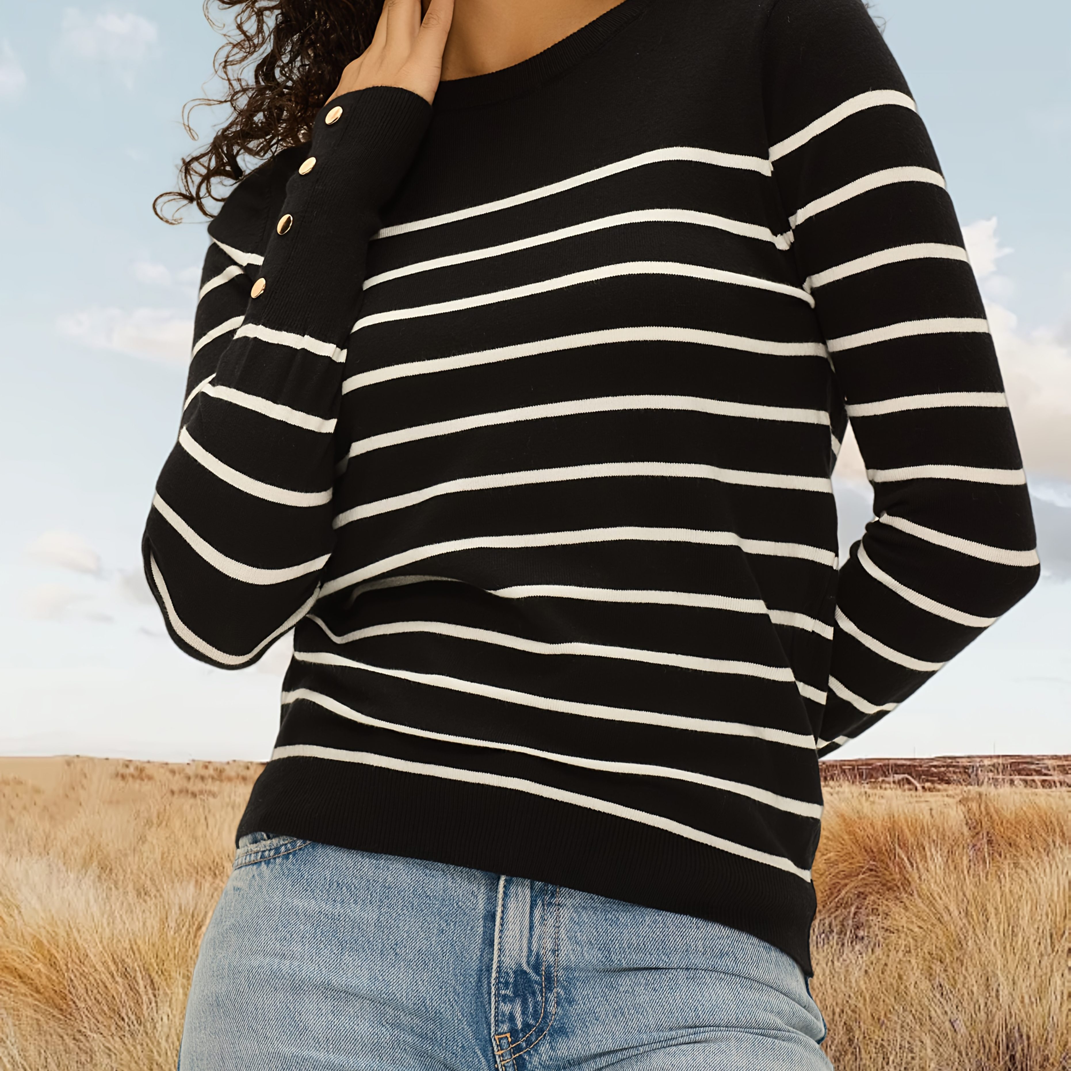 

Chic Striped Knit Sweater For Women - Lightweight, Long Sleeve Pullover With Crew Neck, Spring & Fall