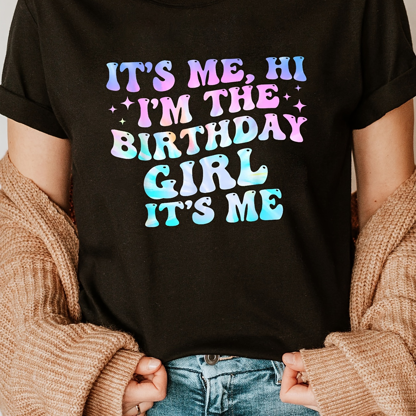 

Birthday Girl Print Crew Neck T-shirt, Casual Short Sleeve T-shirt For Spring & Summer, Women's Clothing