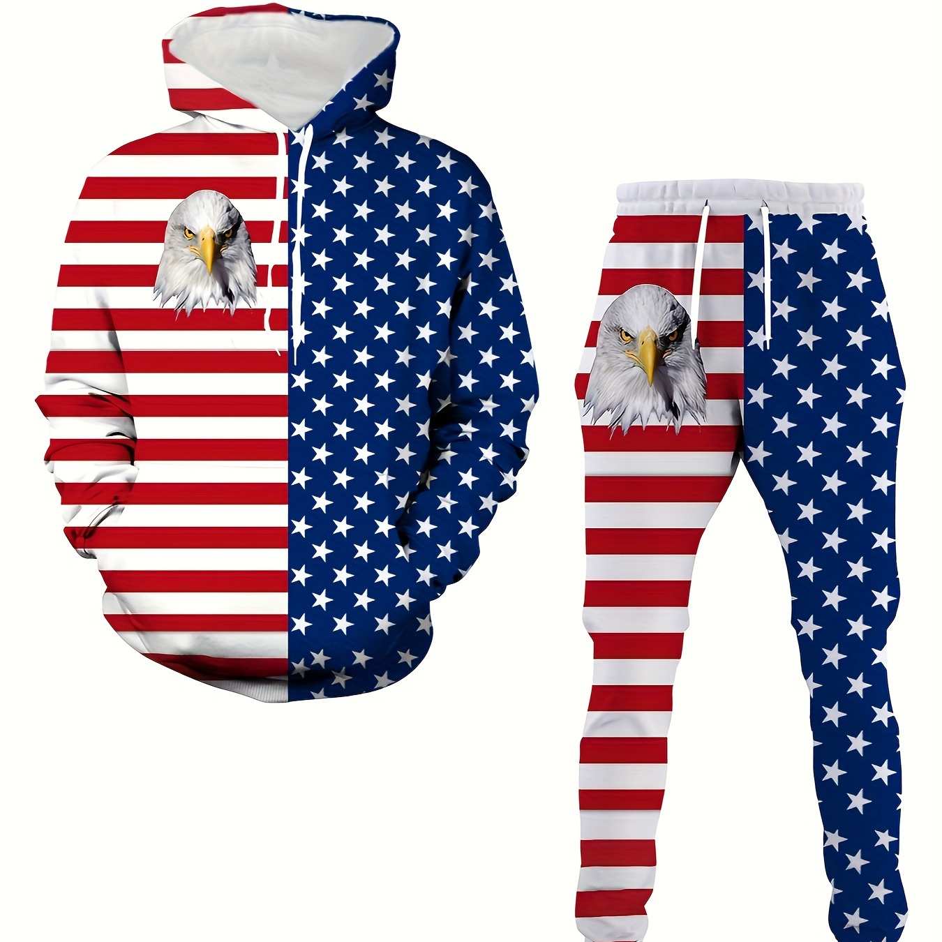 

2pcs Men's Novelty Pajamas Loungewear Set, American Flag Pattern 3d Print Men's Drawstring Long Sleeve Hoodie Sweatshirts & Pants, Men's Trendy Clothes Set