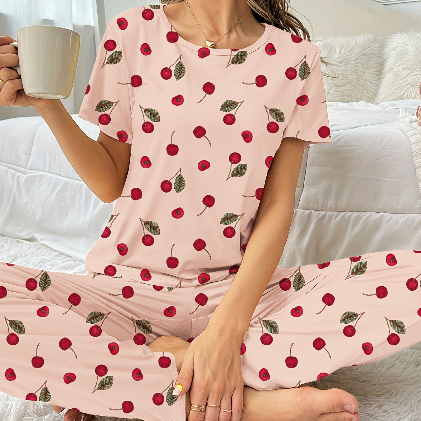

Cute Cherry Print Pajama Set, Round Neck Short Sleeve Top & Elastic Pants, Women's Sleepwear & Loungewear