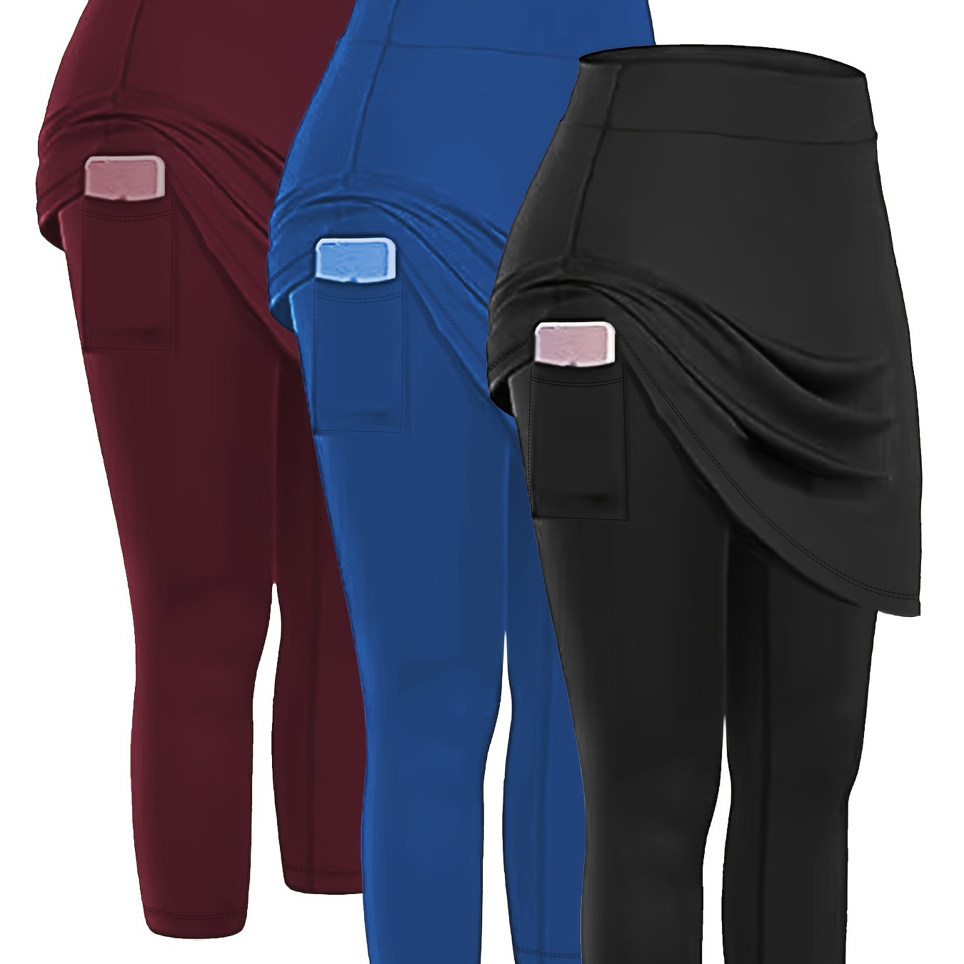 

3pack Plus Size Sports Leggings Set, Women's Plain Side Phone Pockets Medium Stretch Yoga Running Pants With Skirt Pants 3pcs Set