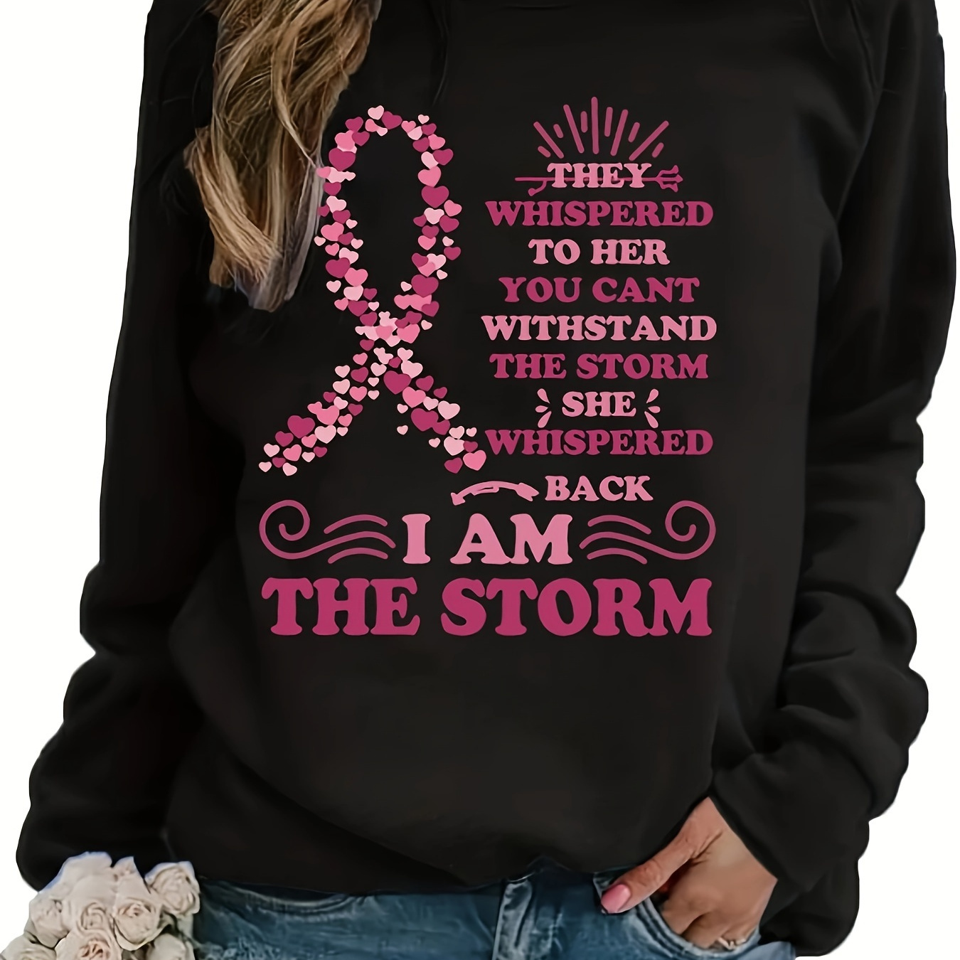 

Anti Breast Cancer Print Sweatshirt, Casual Crew Neck Long Sleeve Sweatshirt, Women's Clothing