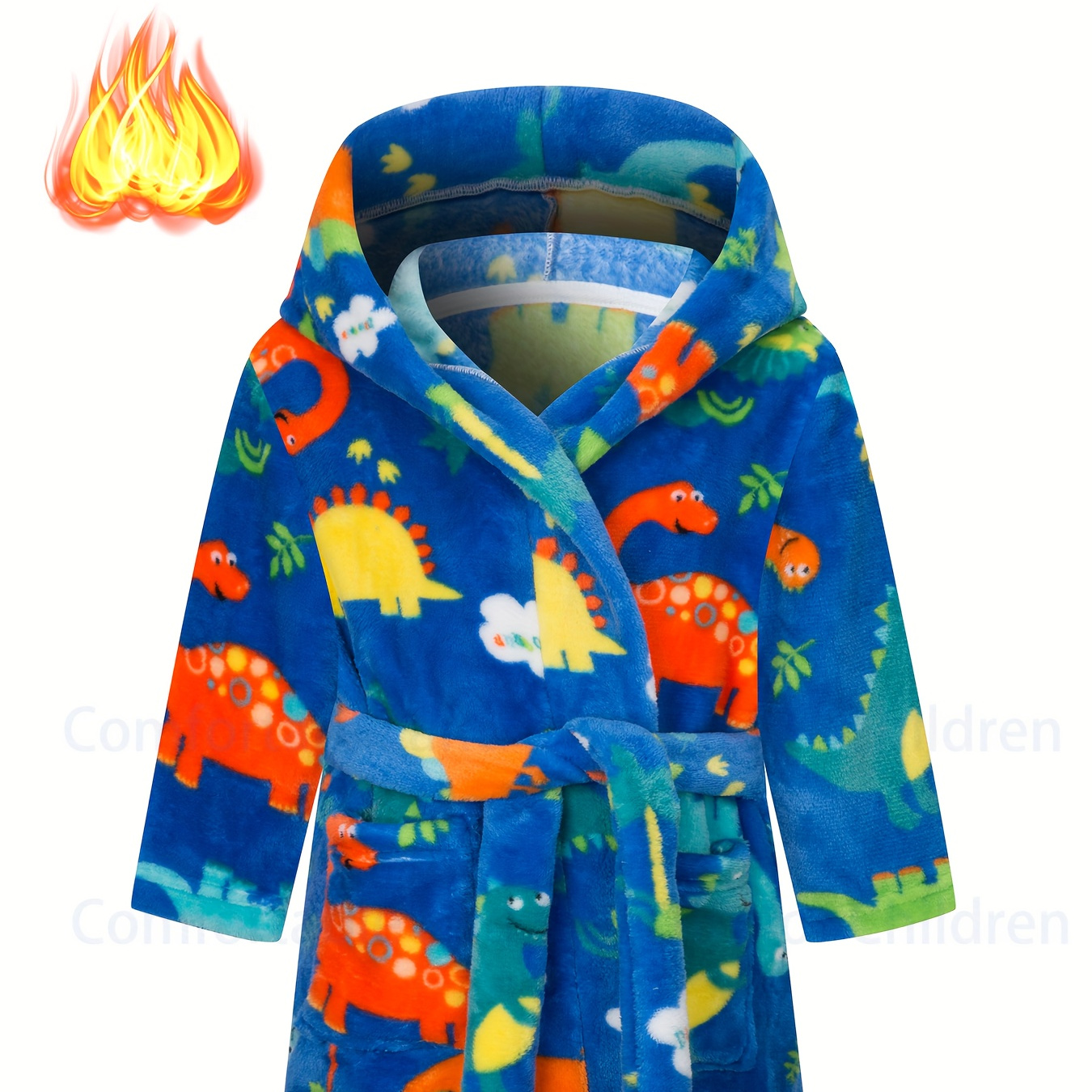 

Adorable Dinosaur Print Boy's Flannel Hooded Bathrobe - Robe With Belt For Daily Wearing