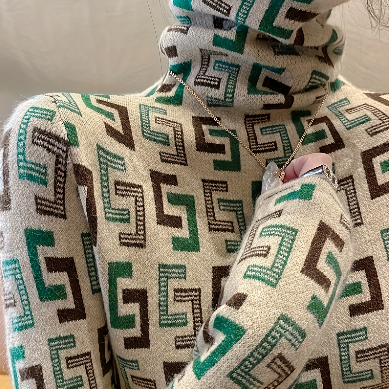 

Pull à col roulé fin Geo Pattern, élégant pull à manches longues pour et l'hiver, vêtements pour femmes