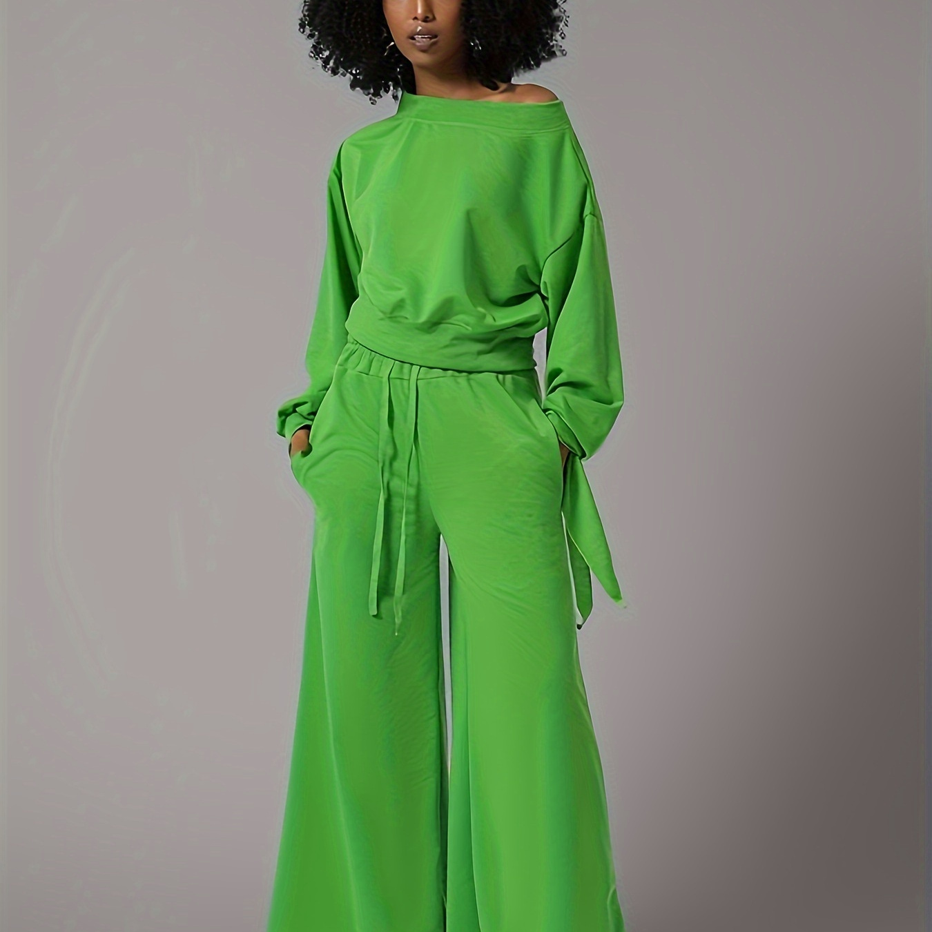 

Stylish Solid Color Pants Set, One-shoulder Long Sleeve Knot Top & Wide Leg Pants Outfits, Women's Clothing