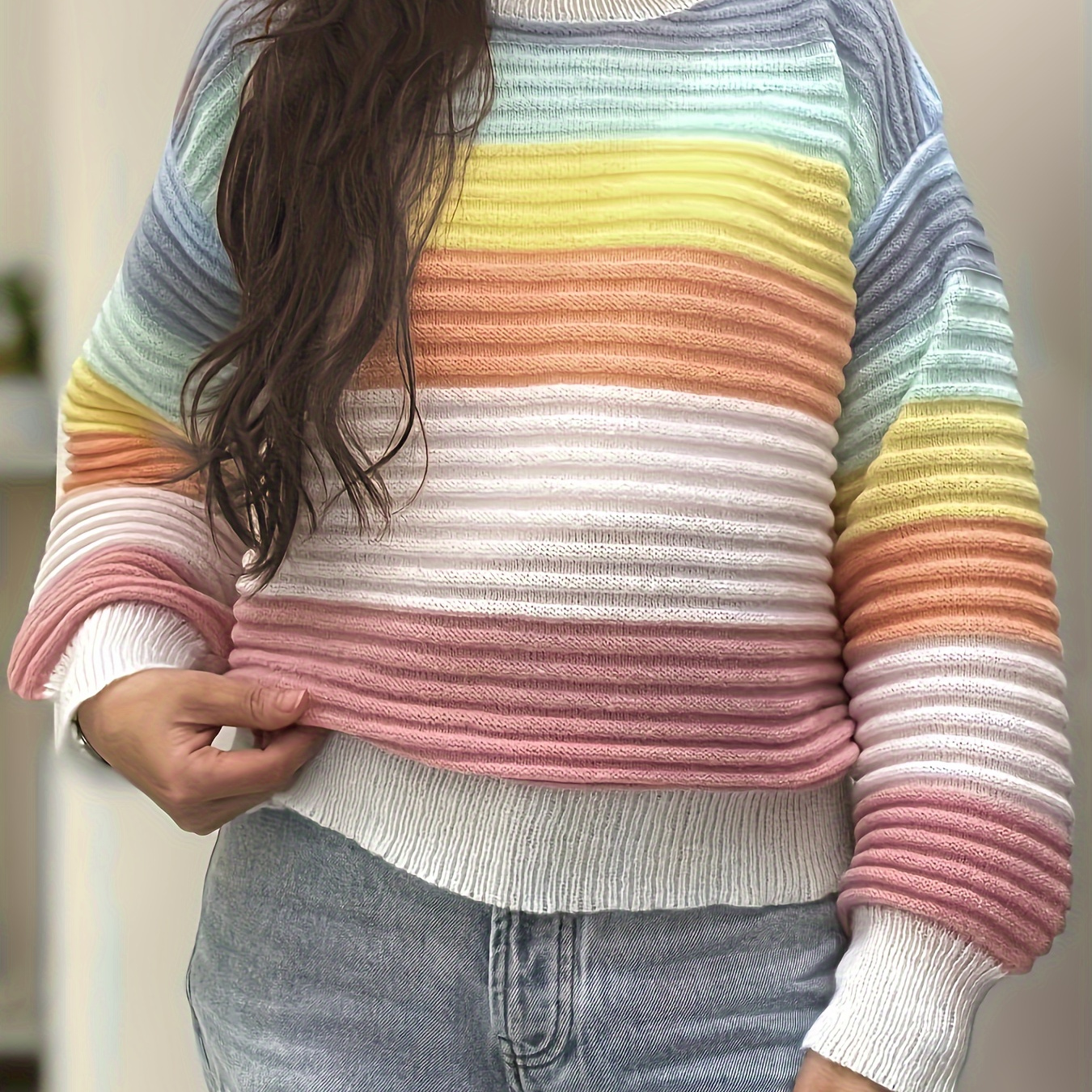 

Striped Pattern Crew Neck Sweater, Casual Long Lantern Sleeve Sweater For Spring & Fall, Women's Clothing