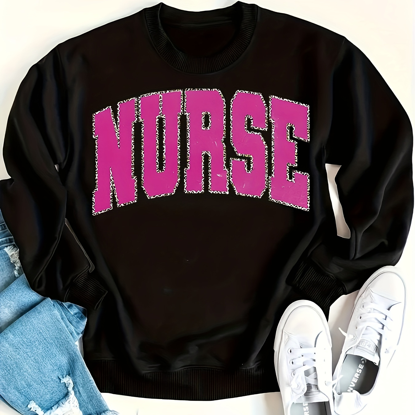 

Nurse Print Pullover Sweatshirt, Casual Long Sleeve Crew Neck Sweatshirt For Fall & Winter, Women's Clothing