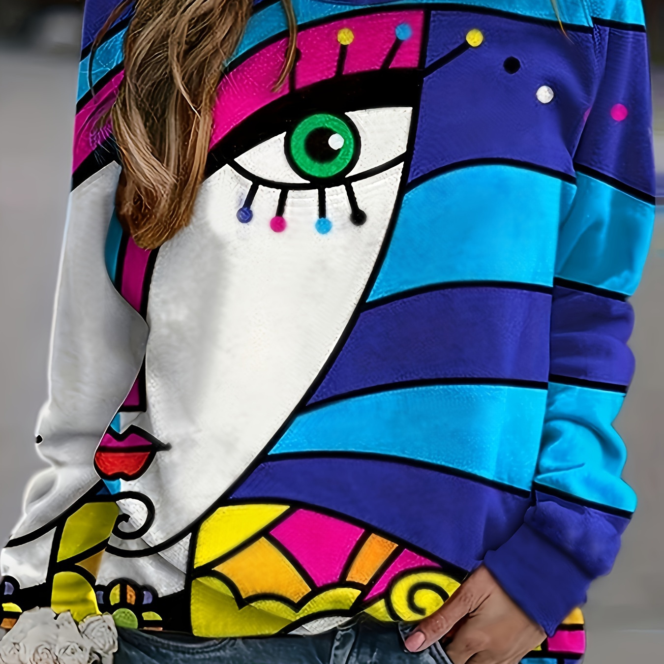 

Bohemian Geometric Eye Print Long Sleeve T-shirt - 95% Polyester, 5% Elastane Knit Fabric, Casual Crew Neck, Regular Fit,