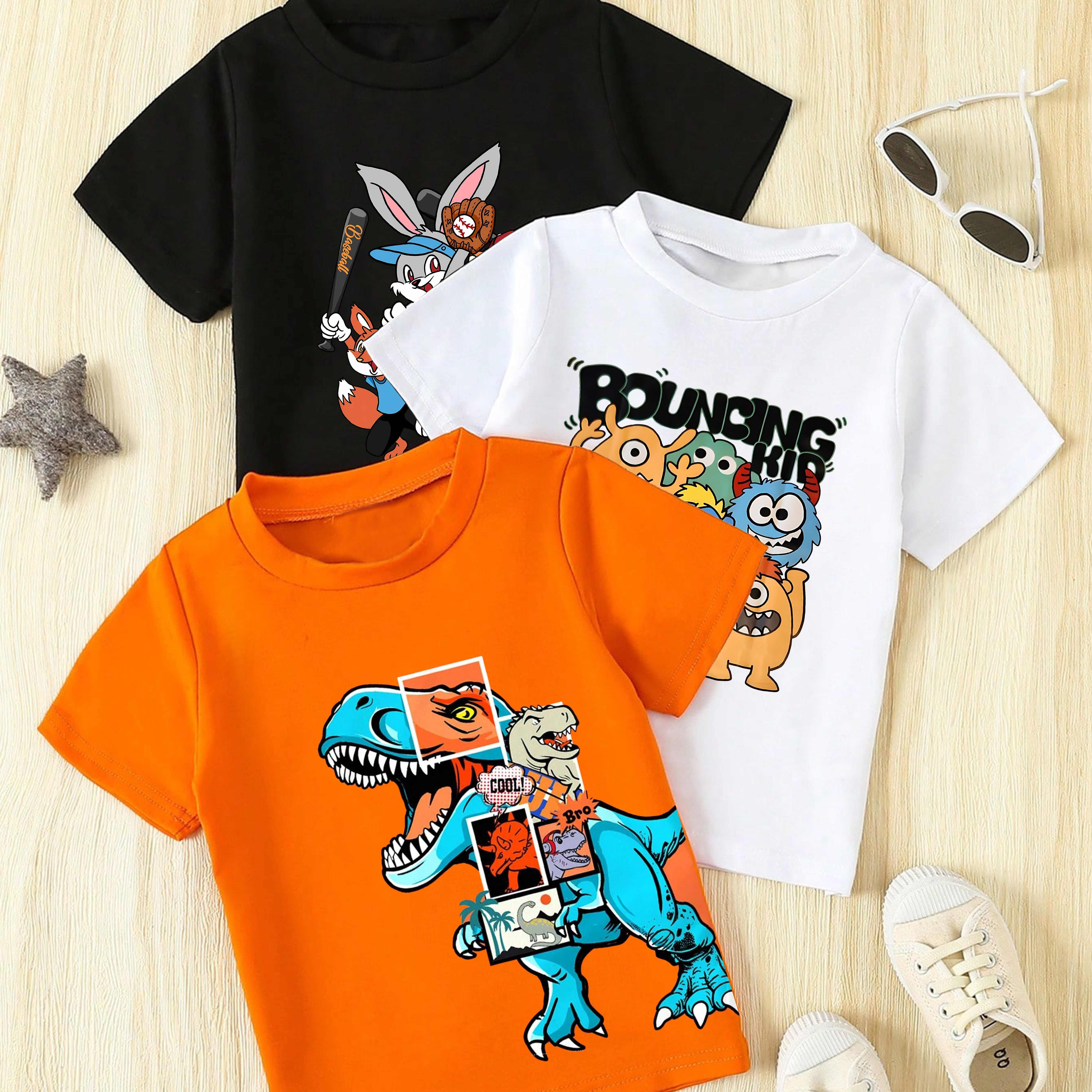 

Valentine's Day And Ramadan Themed Cartoon Patterns, Stylish And Casual Cute Round-neck Short-sleeve T-shirts For Boys, Set Of 3.