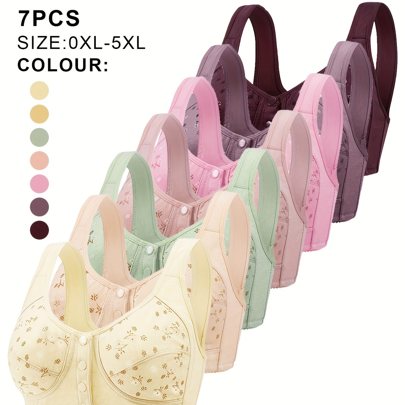 

7pcs Women's Plus Elegant Bra, Plus Size Floral Print Front Button Wide Strap Soft & Comfy Bralette