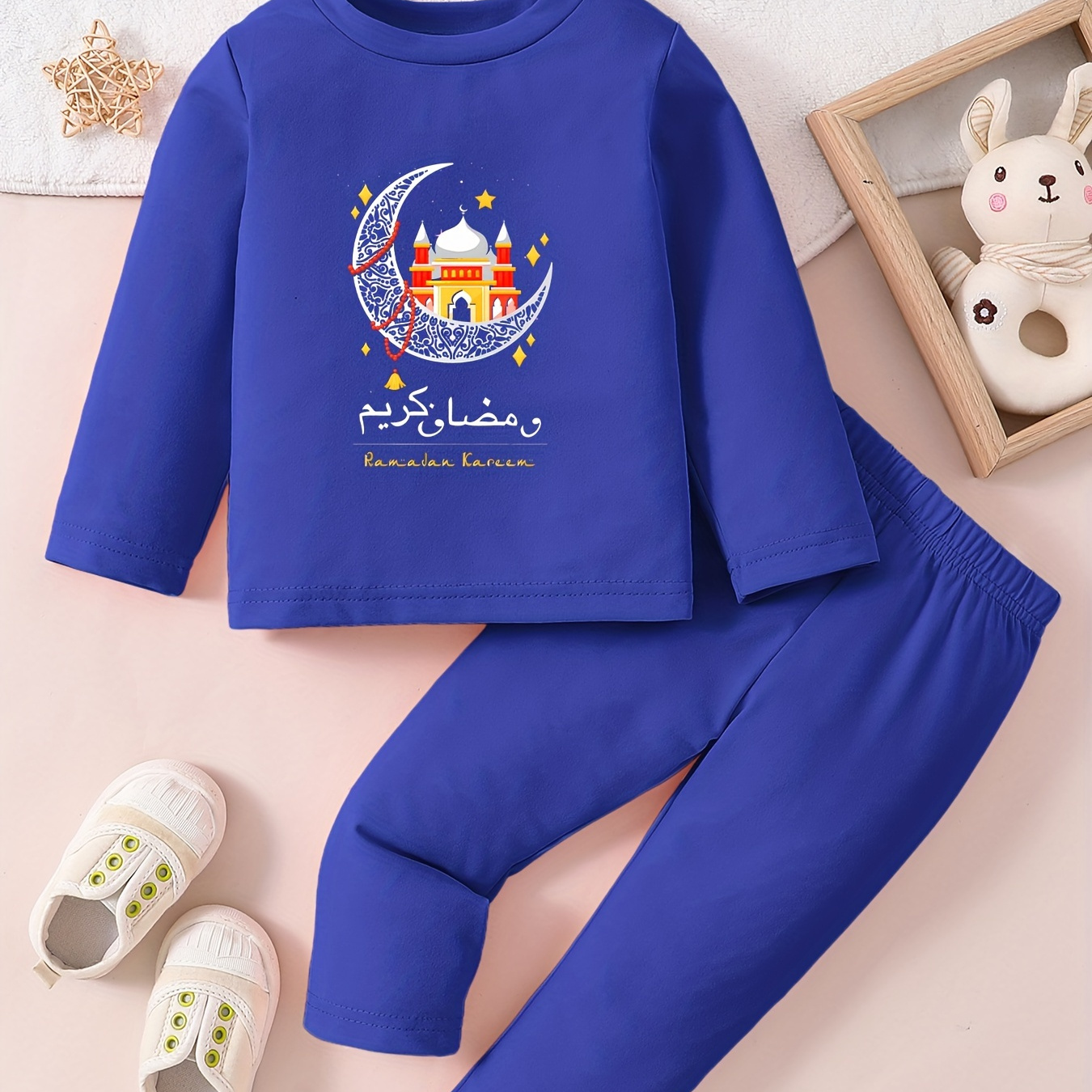 

2pcs Ramadan Festival Colorful Building Print Casual Outfit For Infants & Toddler Kids, Long Sleeve T-shirt & Pants Set, Baby Girl's Clothes, Ramadan