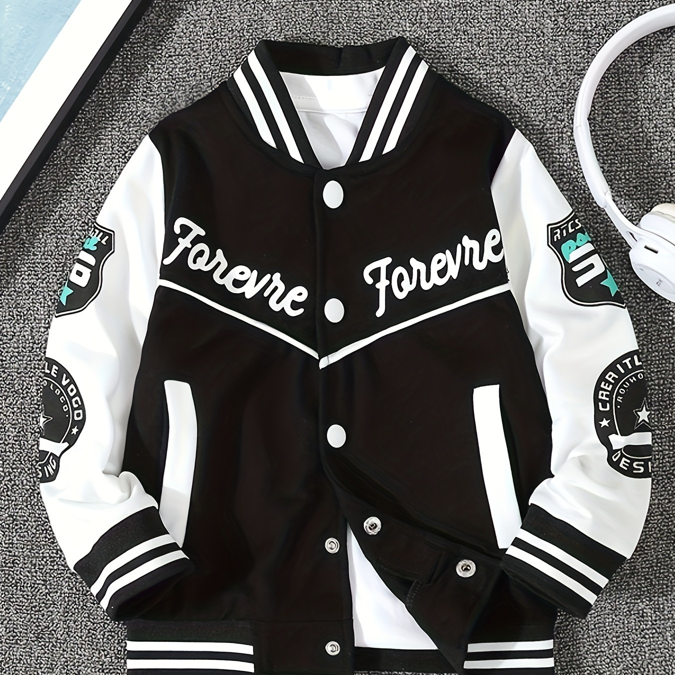 

Boys Long Sleeve Letter Graphic Color Block Drop Shoulder Varsity Baseball Jacket Without Hoodie