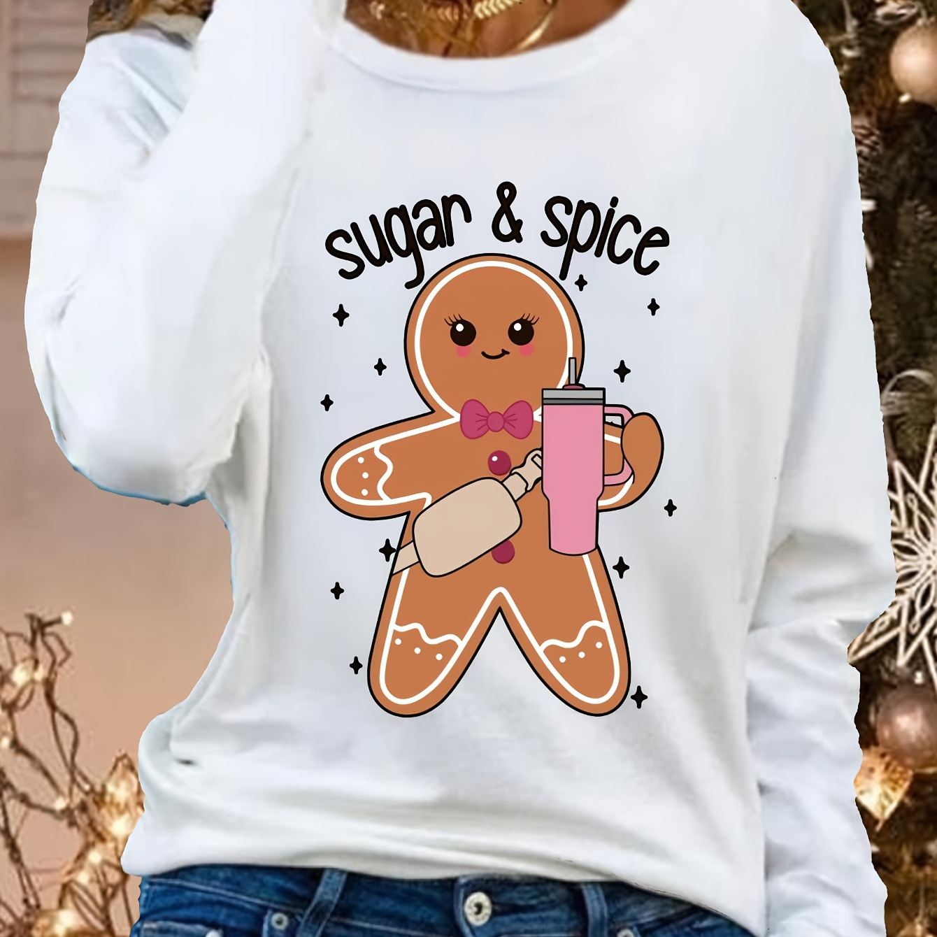 

Women's Christmas Gingerbread Applique Long Sleeve T-shirt - Casual Crew Neck Knit Polyester Tee With Regular Fit For Fall