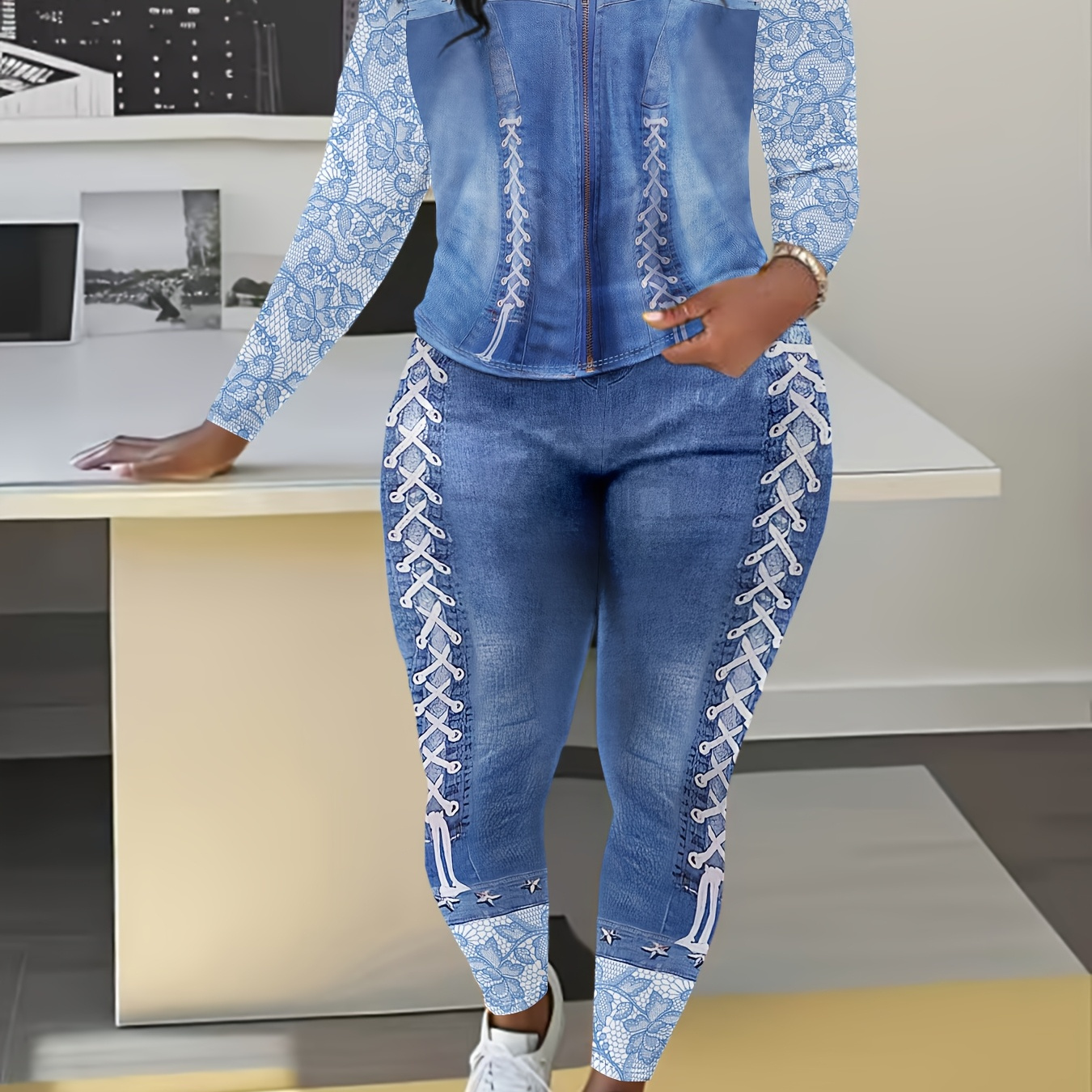 

Women's Plus Size Casual Denim Print Two-piece Set - Long Sleeve Crew Neck Top & Skinny Pants, 95% Polyester 5% Elastane, Medium Stretch, Print Knit Fabric, 200gsm, Lash Sets