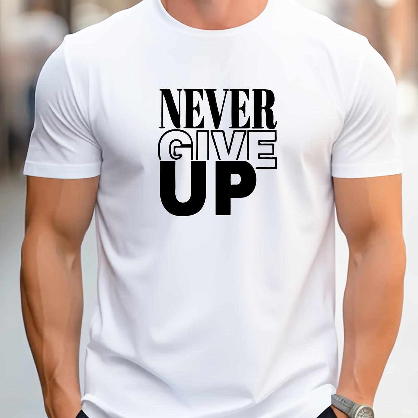 

Never Give Up "trendy Print Casual Cotton Short-sleeved T-shirt For Men, Spring And Summer Top, Comfortable Round Neck Tee, Regular Fit, Versatile Fashion For Everyday Wear