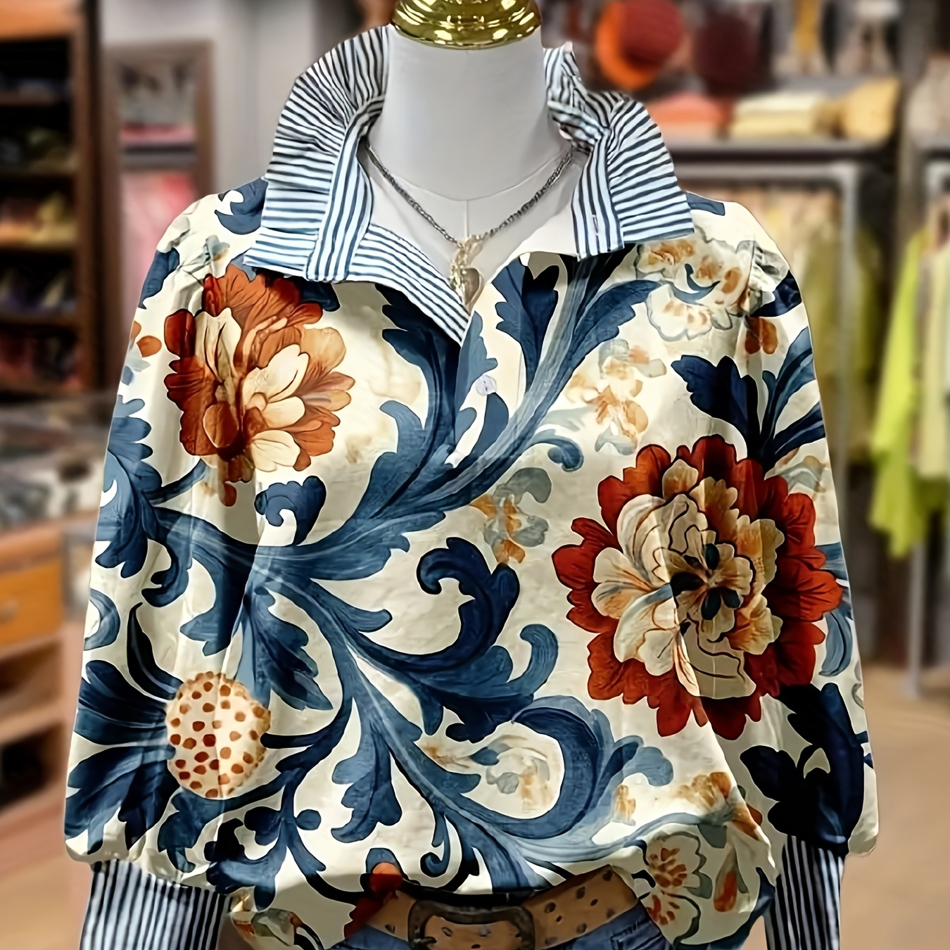 TEMU Women's Vintage Floral Print Striped Collar Top - 90s Elegant Blouse For Classy Outfits, Going Out & Holiday Gifts