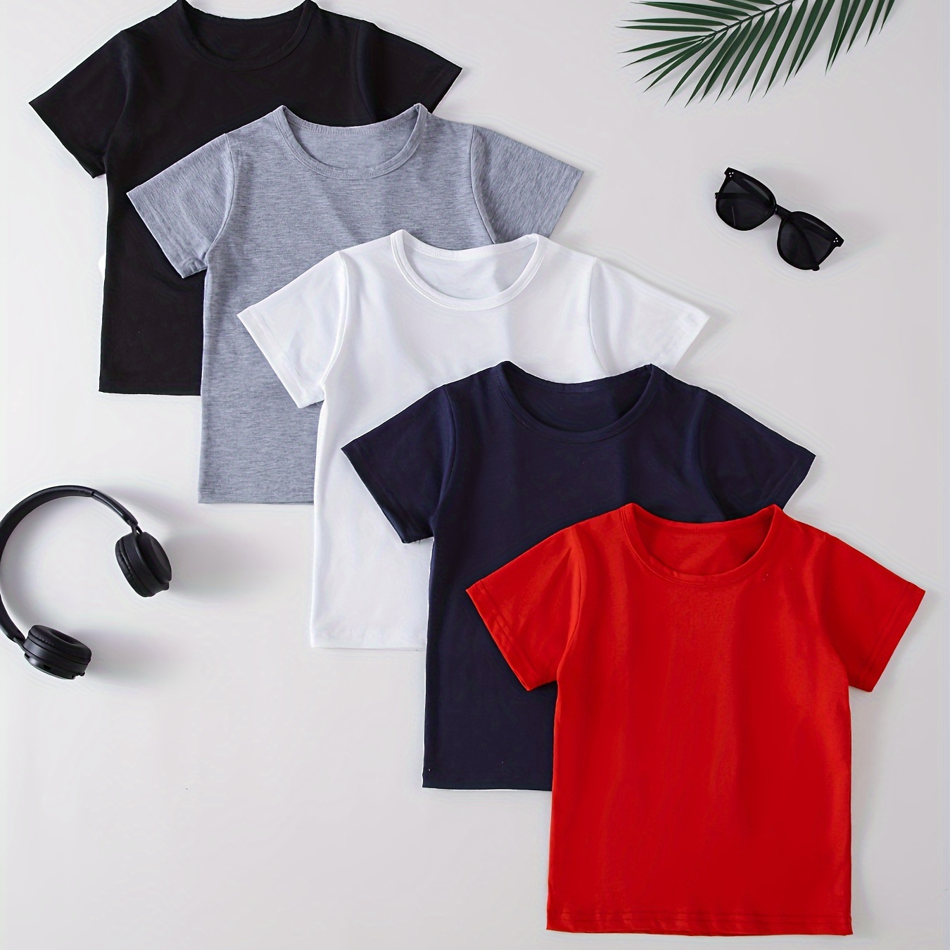 

5pcs Boy's Solid Short Sleeve Comfy T-shirt Summer Versatile Round Neck Tee Tops