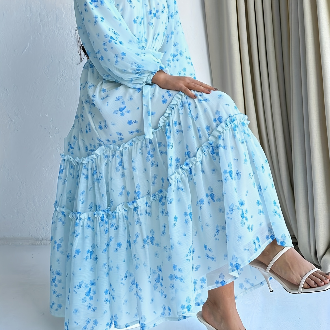 

Floral Print Long Sleeve Kaftan Dress, Elegant Crew Neck Ruffle Trim A-line Ankle Length Dress, Women's Clothing