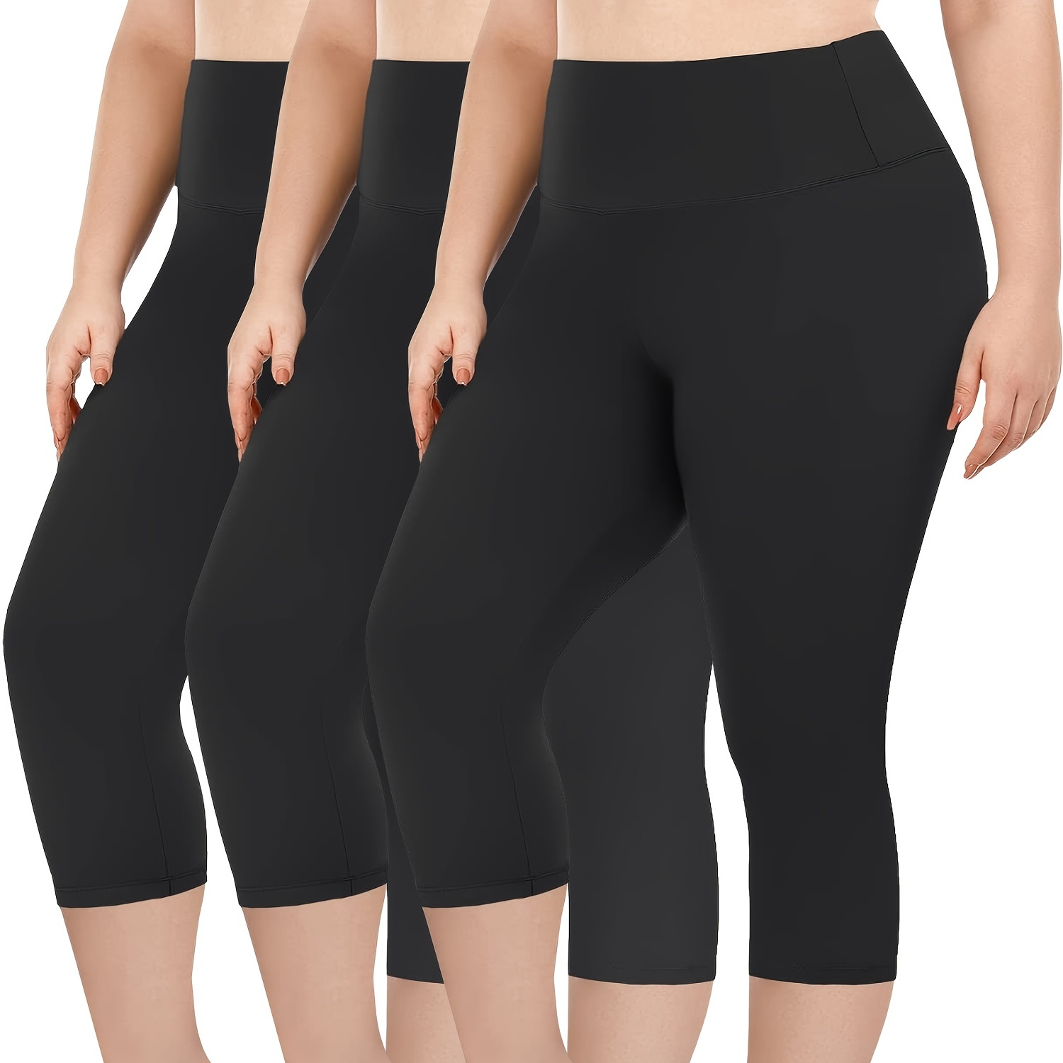 

3 Pack Plus Size Sexy Capri Leggings Set, Women's Plus Solid Tummy Control High Rise High Stretch Capri Leggings 3 Piece Set