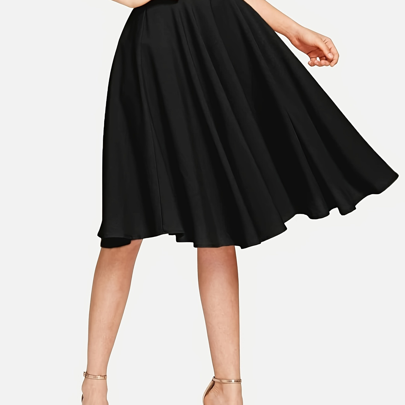 

Solid Color High Waist Flared Skirt, Elegant Knee Length Skirt For Spring & Summer, Women's Clothing