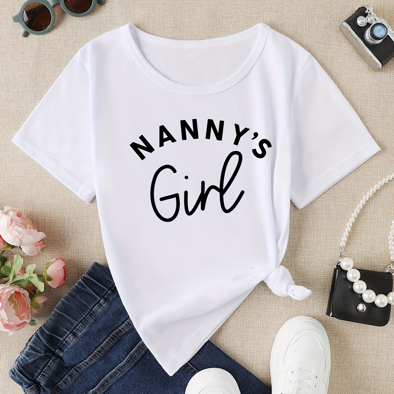 

nanny's Girl" Letter Print Creative T-shirts, Soft & Elastic Comfy Crew Neck Short Sleeve Tee, Girls' Summer Tops