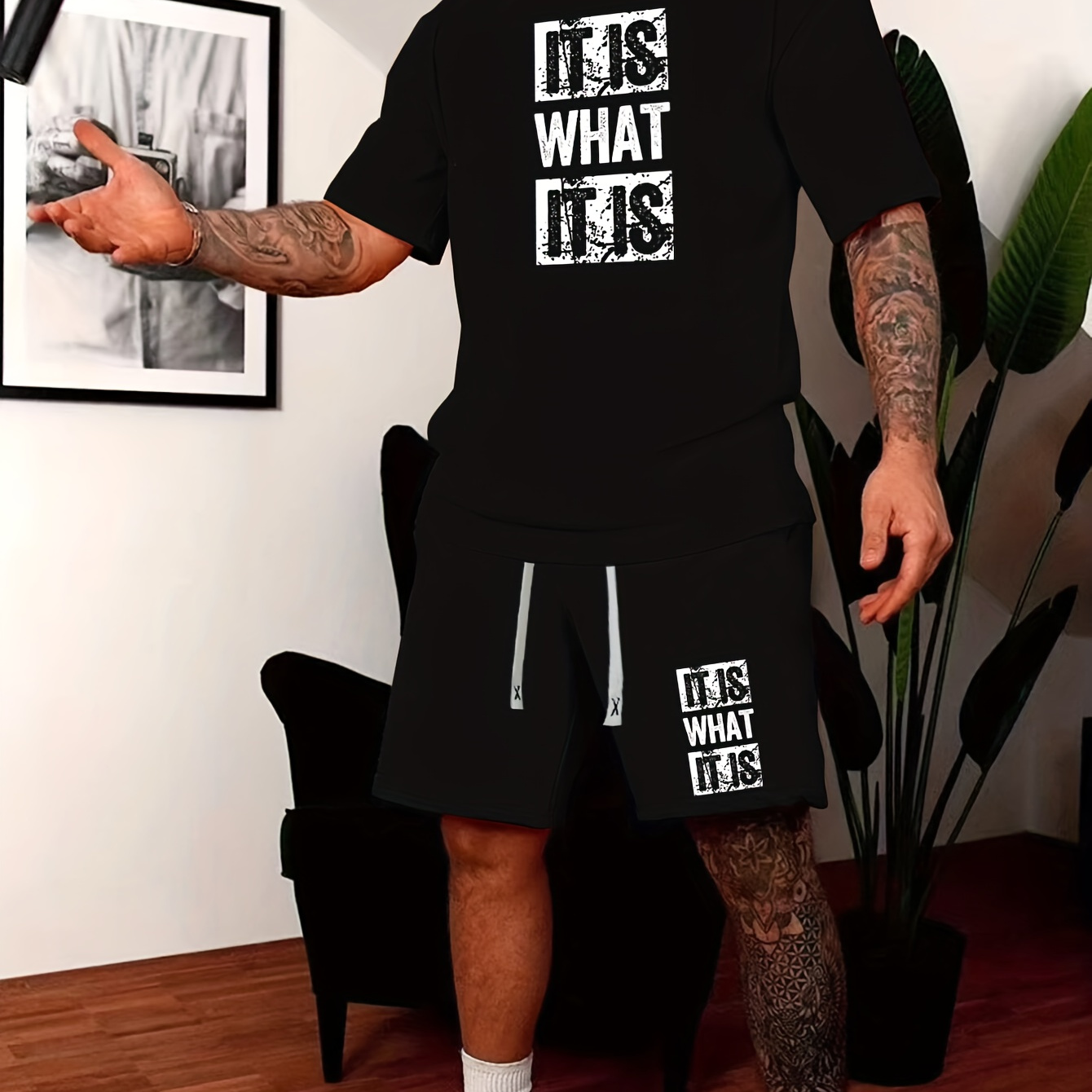 

2pcs, It Is What It Is Print Outfits Short Sleeve T-shirt Top + Shorts Set For Men Summer