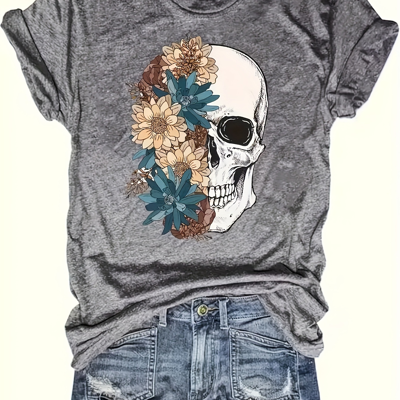 

T-shirt grande taille à imprimé floral et tête de mort, T-shirt décontracté à col rond et manches courtes pour le printemps et l'été, Vêtements grande taille pour femmes