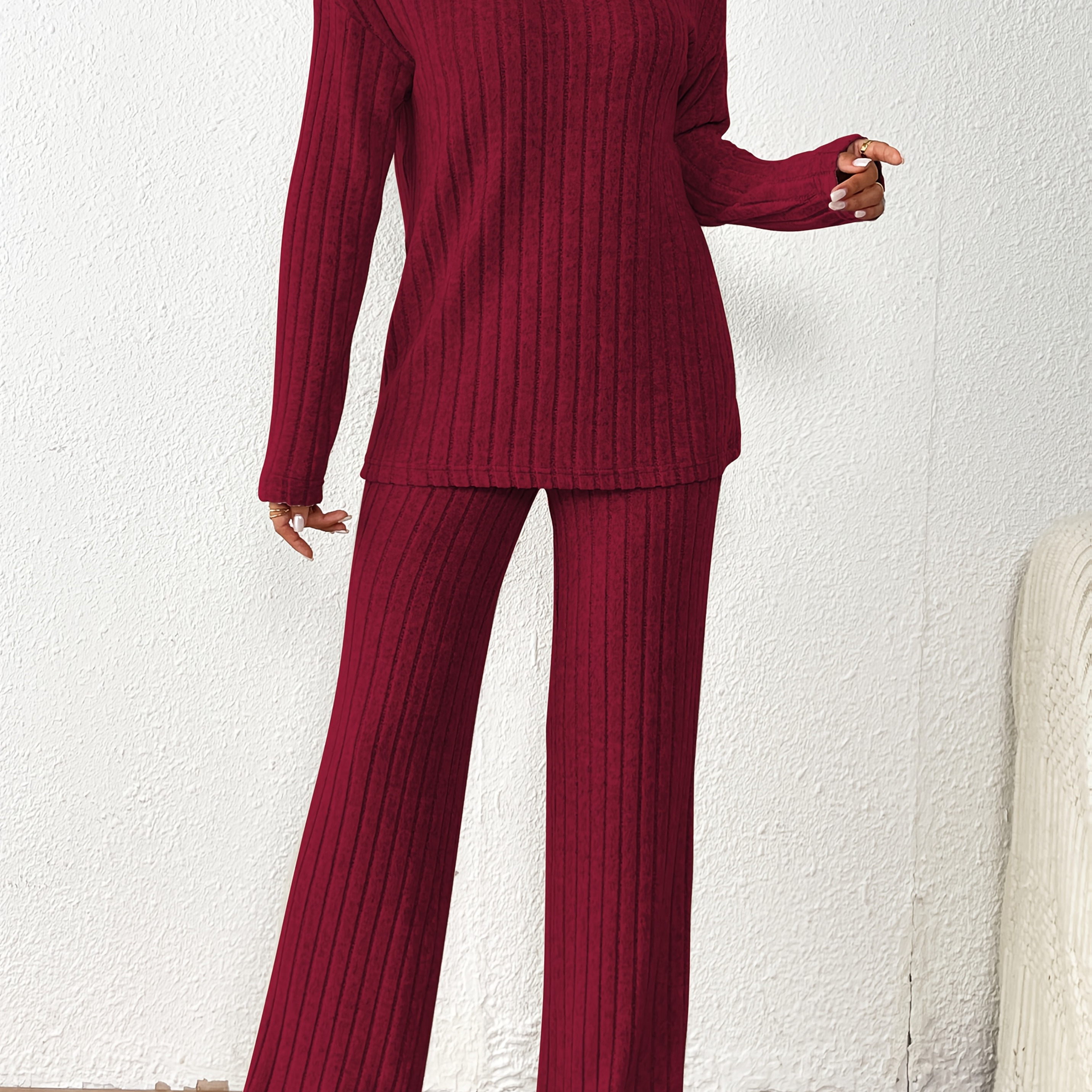 

1set Women's Casual V-neck Ribbed Sweater And Pants Set, Polyester 95% Elastane 5%, Solid Color Knit Fabric, Comfortable Loose Fit Trousers, Fall/winter Season