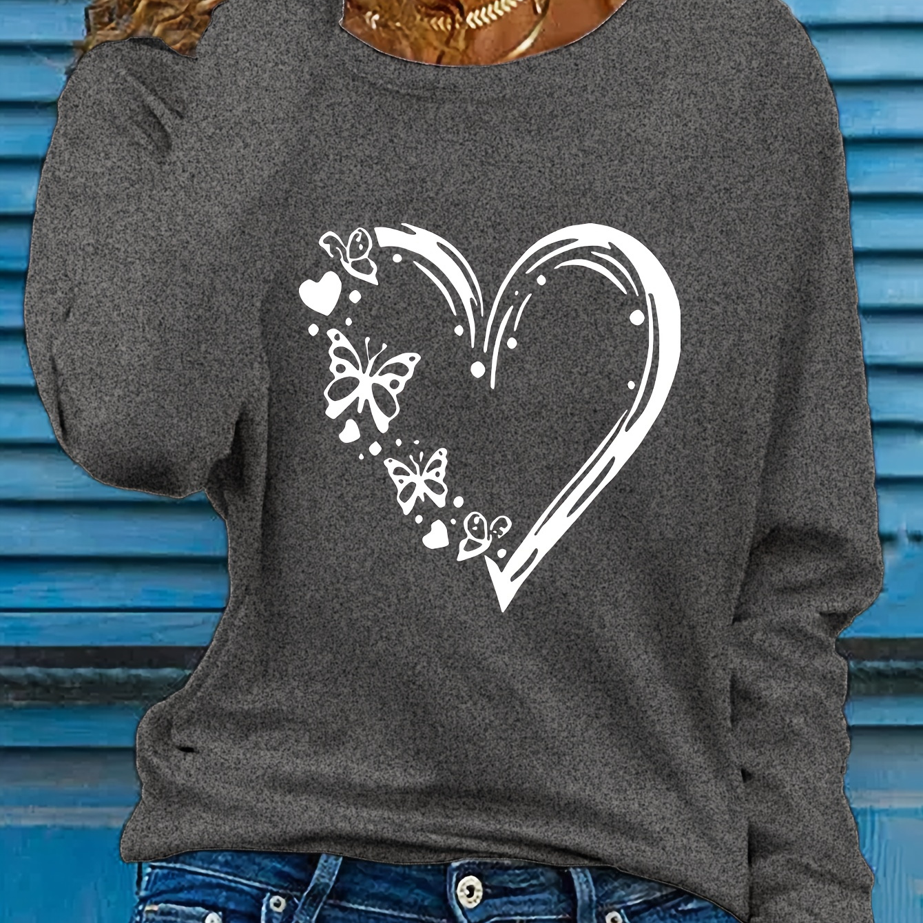 

Cozy Heart Print Long Sleeve T-shirt - Casual Crew Neck, Soft Polyester, Machine Washable - Women' For Fall