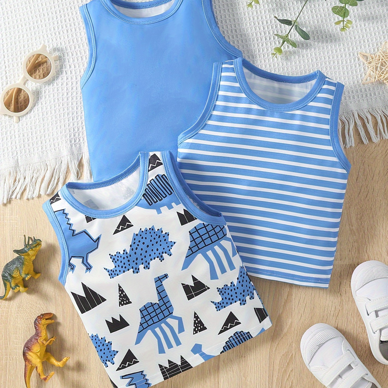 

3pcs Solid Color/stripe/dinosaur Pattern Tank Top For Infants & Toddlers, Casual Sleeveless Top, Baby Boy's Clothing